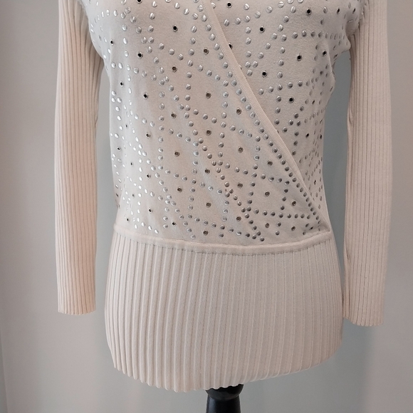 WR Size 6 Silk Blend Studded Faux Wrap Cream Long Sleeve Sweater - Picture 3 of 15